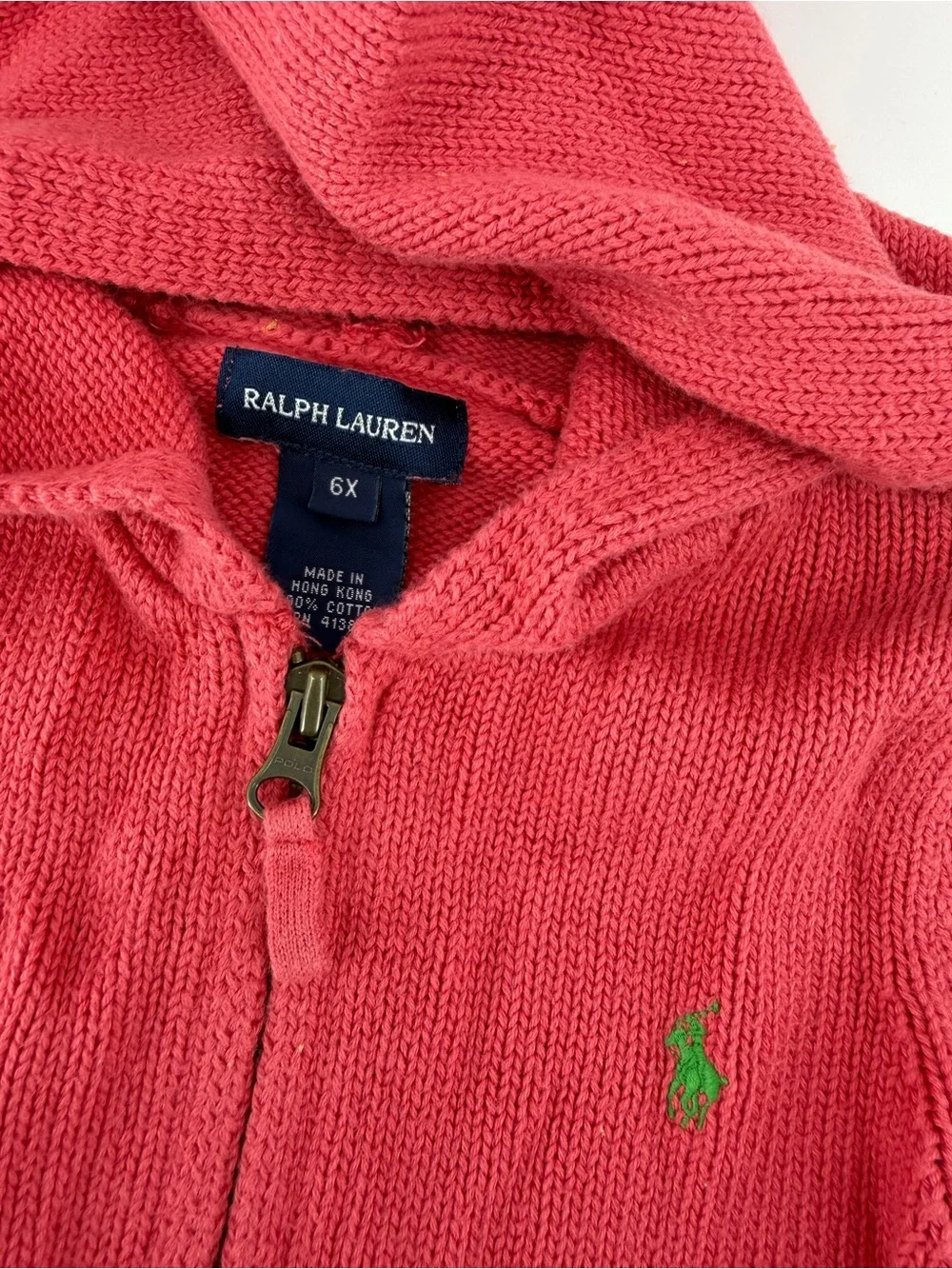 Ralph Lauren Girls 6X Pink Knit Full Zip Sweater Hoodie Peplum Ruffle Hem